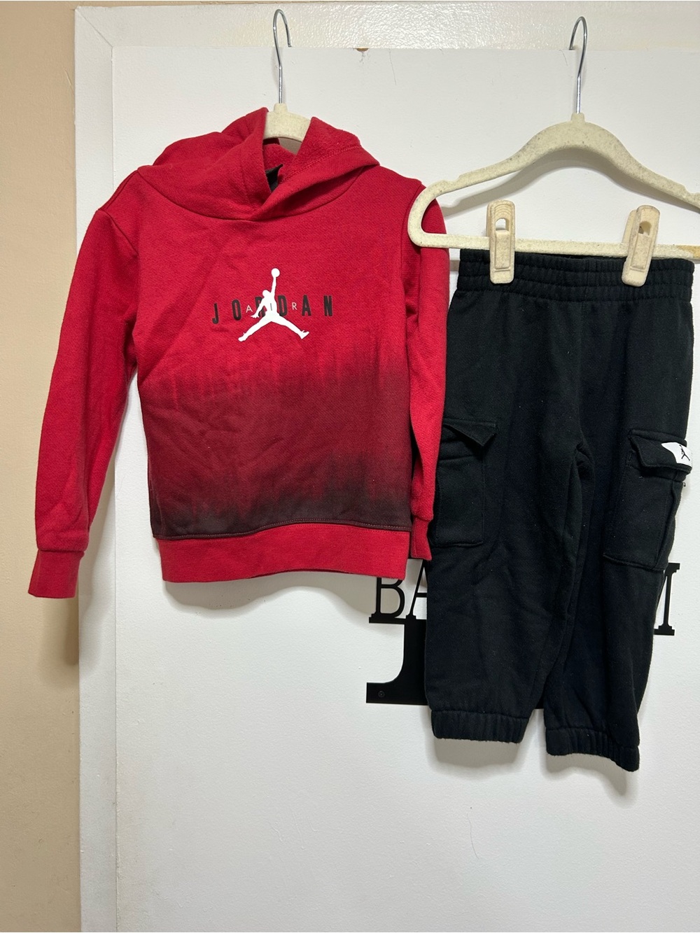 Jordan Red Hoodie and Black Cargo Jogger Set for Kids